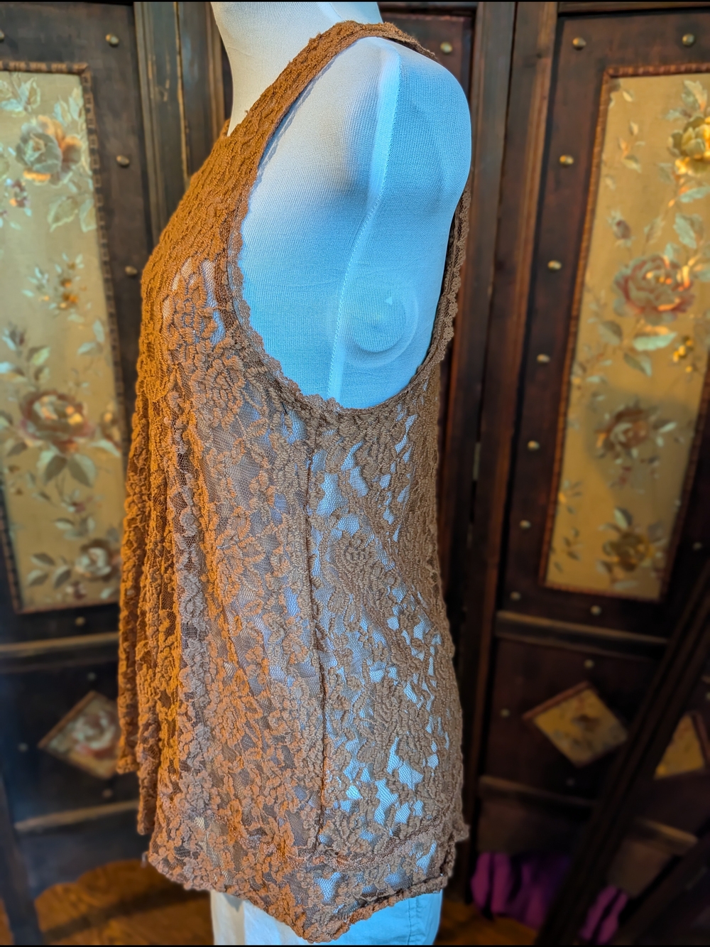 AE Brown Sheer Crochet Lace Sleeveless Cami Tank Top Small S Relaxed Boho Casual - Picture 2 of 8